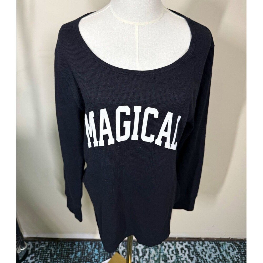 Old Navy Womens Pullover T-Shirt XL Black Waffle Knit Long Sleeve Graphic 425